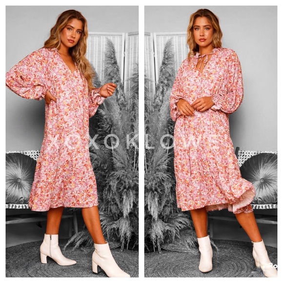 Boho Retro Floral Print Midi Dress Long Sleeves Tiered Skirt - Picture 9 of 12